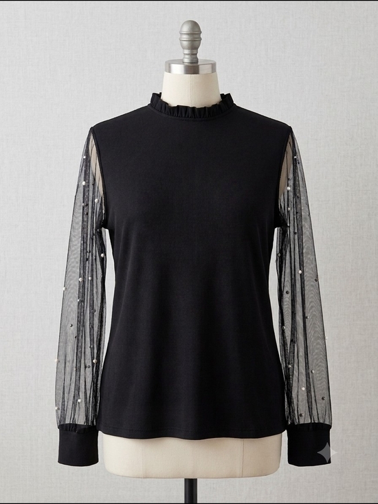 Blooming Jelly Tops - Black Mock Neck Blouse With Sheer Pearl-Sleeve Size XL NWT
